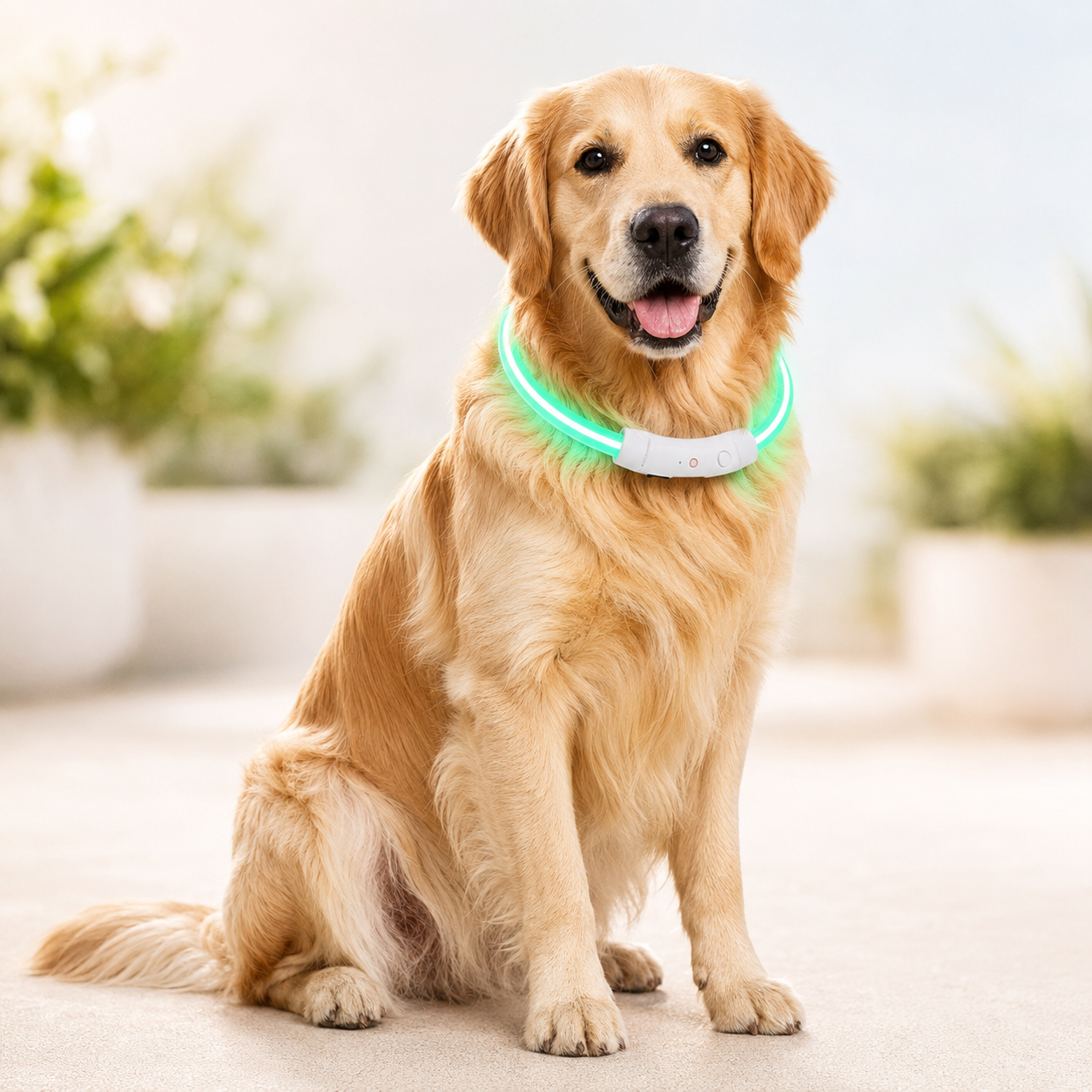 Perro con el collar LED verde encendido