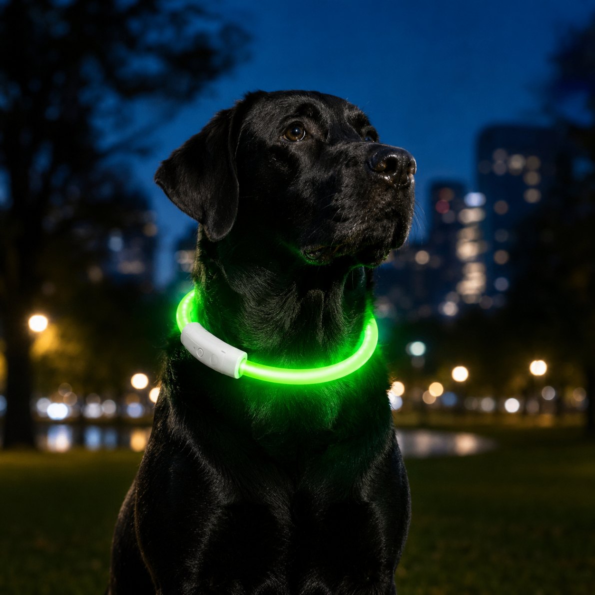 Perro de noche perfectamente visible con el collar LED encendido