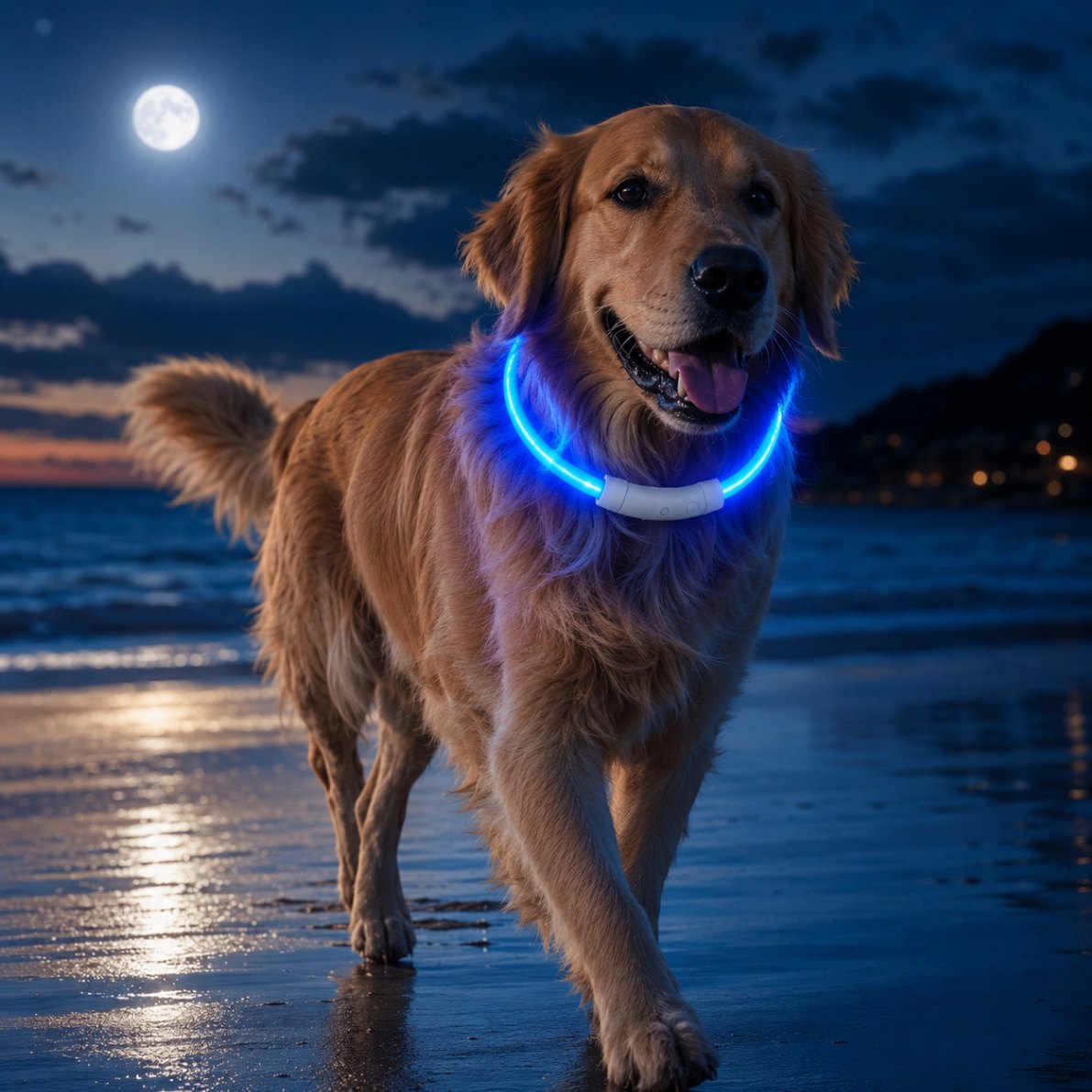Perro de noche con el collar LED encendido