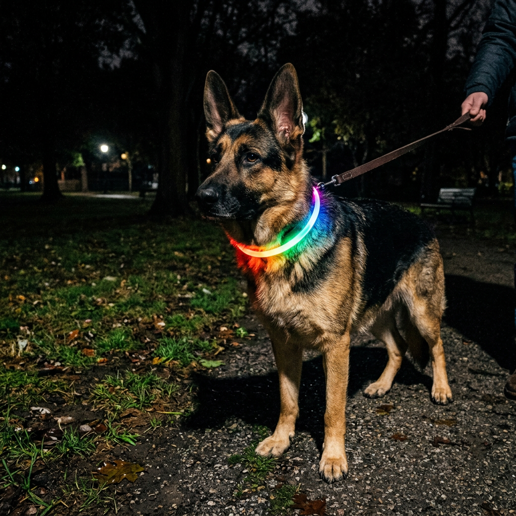 Perro grande usando el collar LED de noche