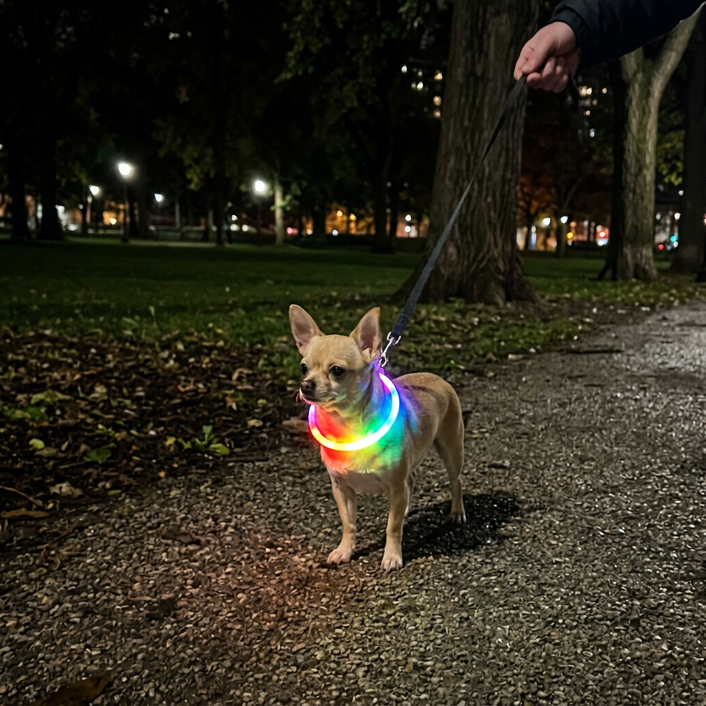 Perro pequeño usando el collar LED de noche